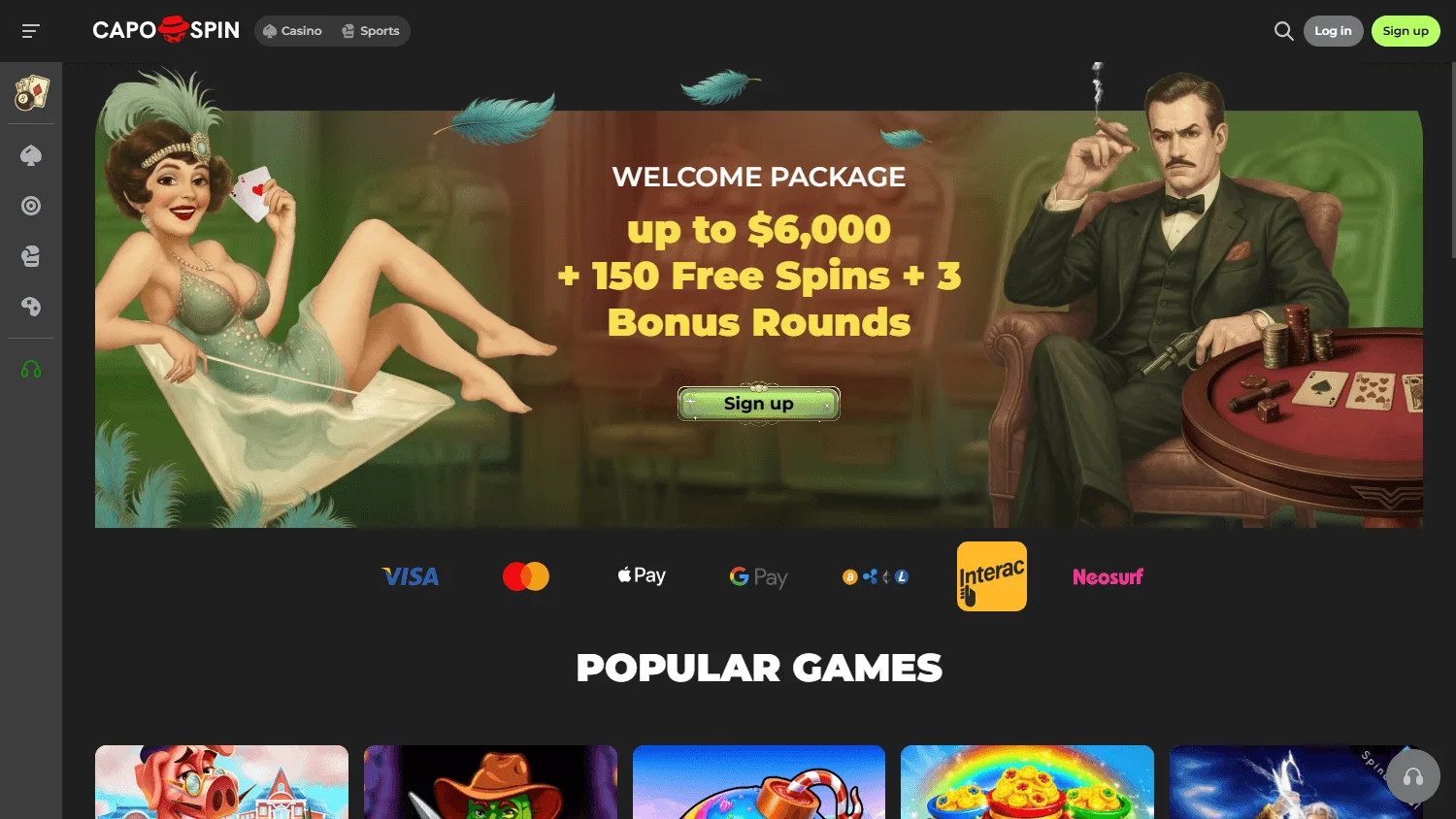 Capospin Casino home on desktop